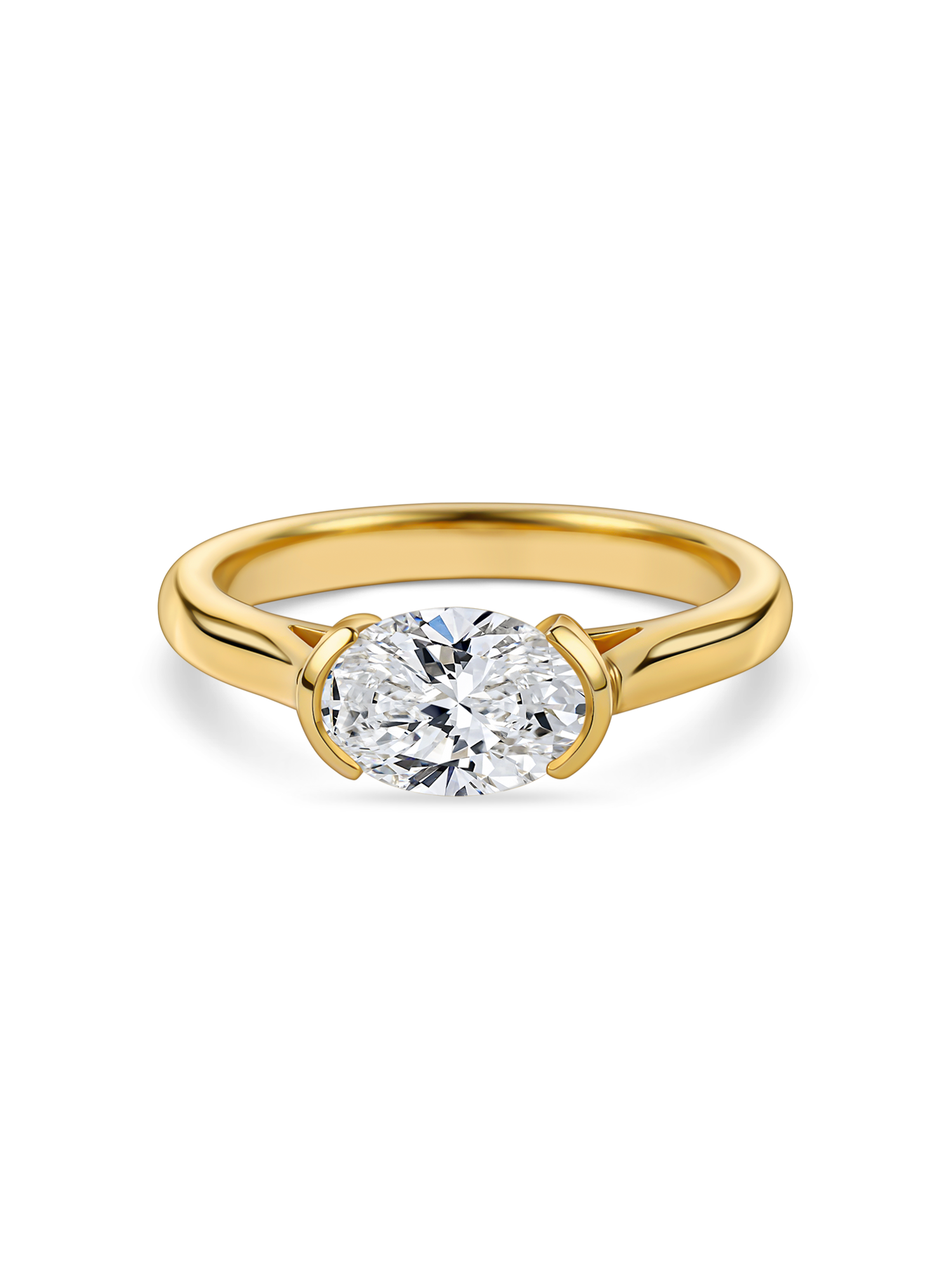 no background of the front view of east west oval, lab grown diamond and yellow gold hand finished in London, uk