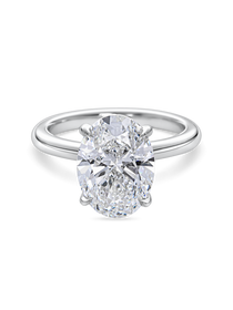 Front view of platinum Oval engagement Ring. Lab Grown Solitiare with Hidden Halo. 