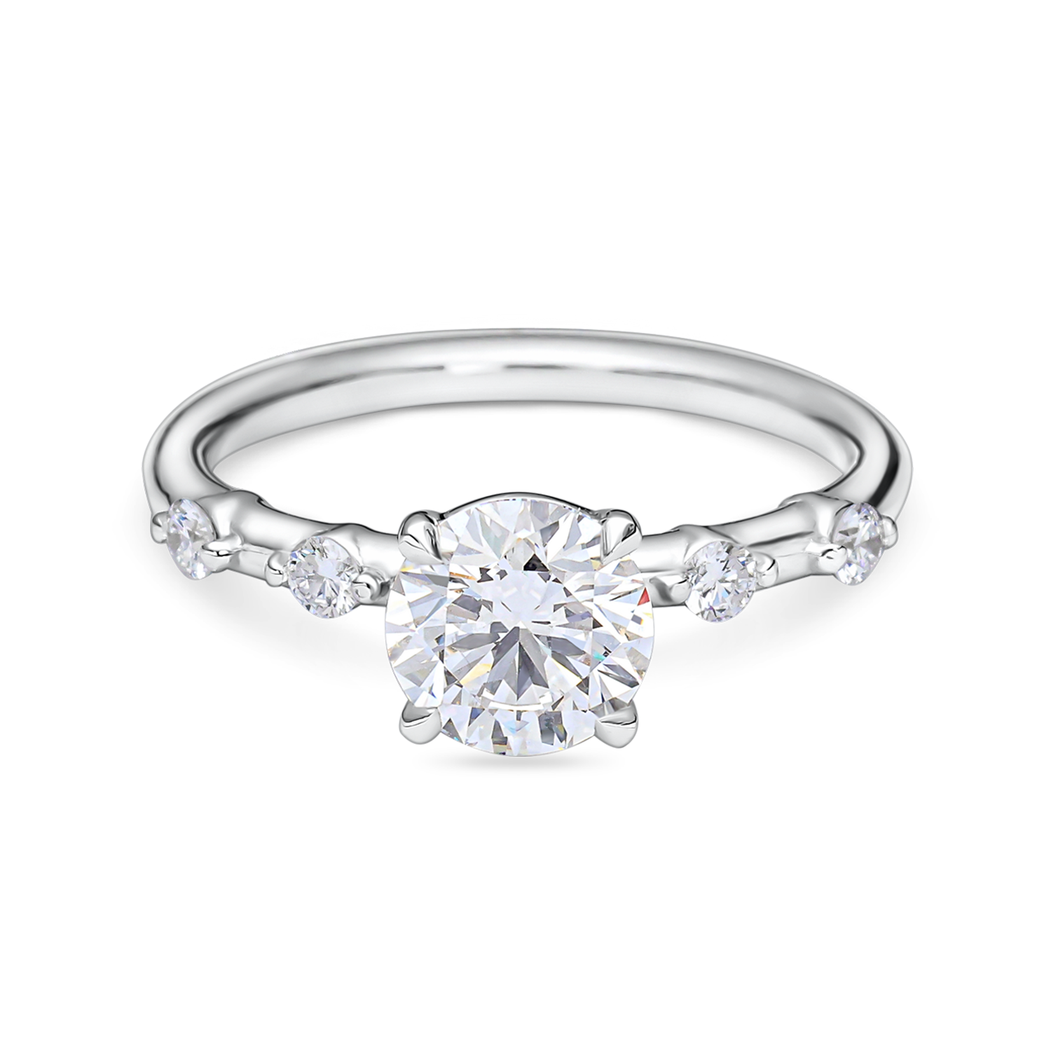 front view of round solitaire engagement ring with diamond shoulders in platinum with lab grown diamond