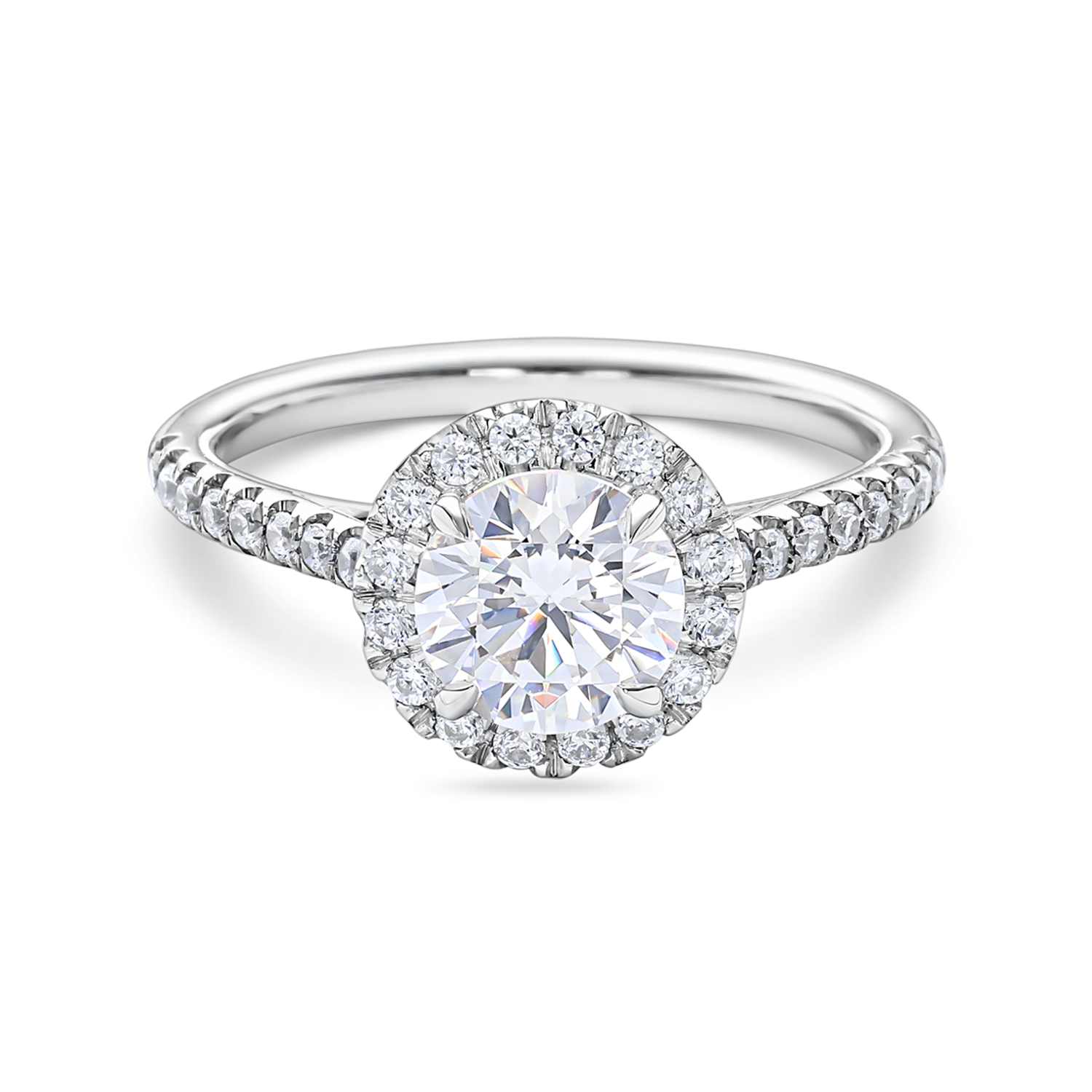 front view of 2ct lab grown round halo engagement ring in platinum