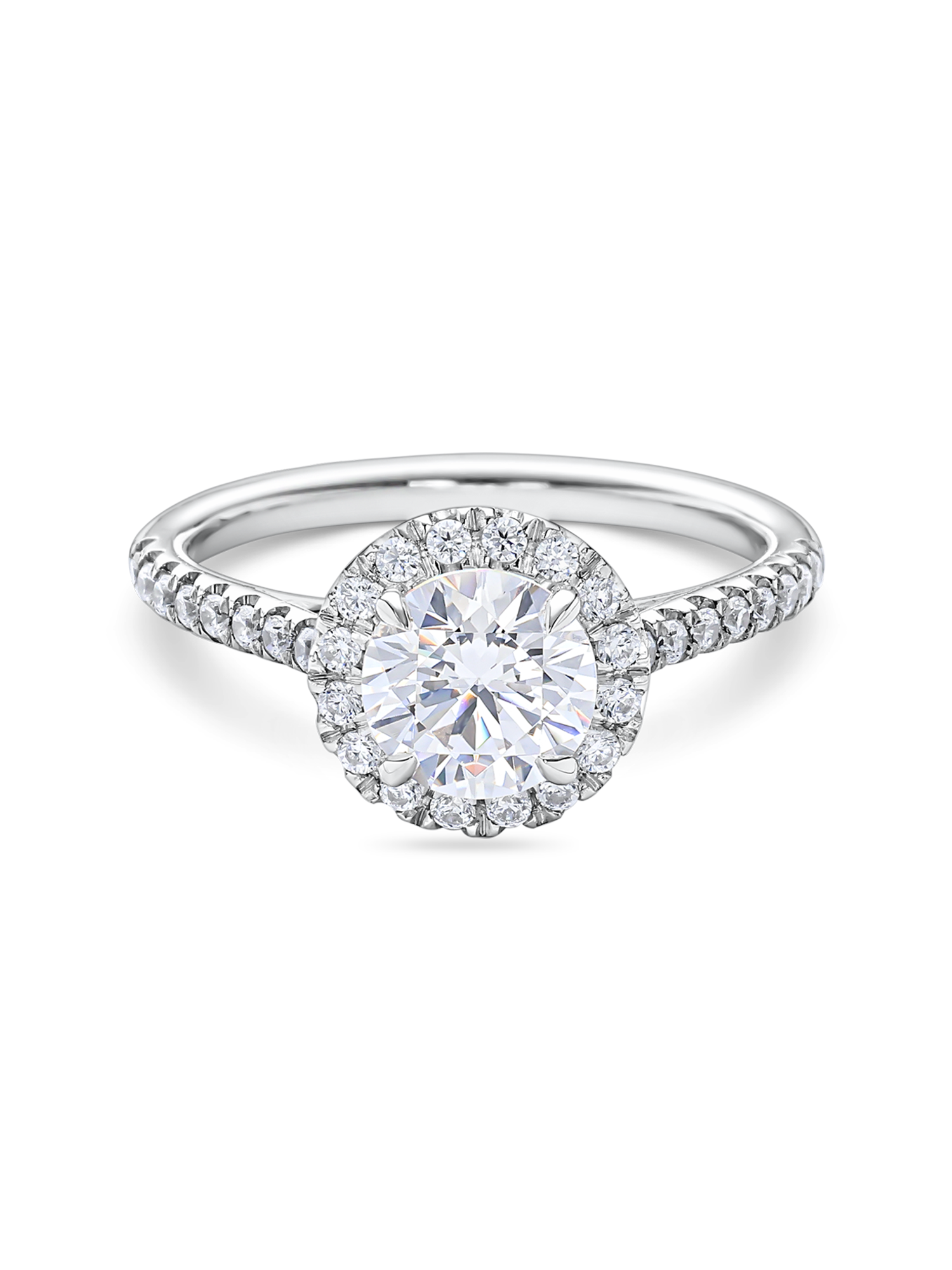 front view of 2ct lab grown round halo engagement ring in platinum