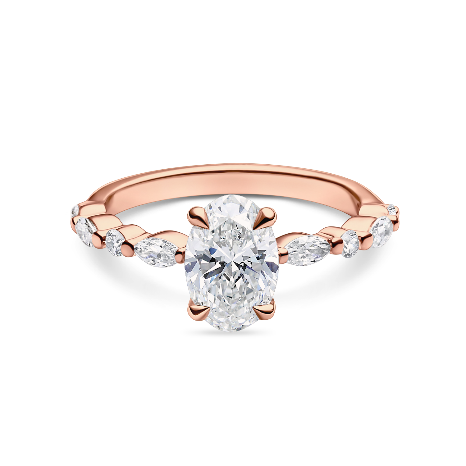 front view of unique rose gold engagement ring featuring lab grown diamonds and a diamond set band. Made in london, uk