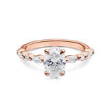 front view of unique rose gold engagement ring featuring lab grown diamonds and a diamond set band. Made in london, uk
