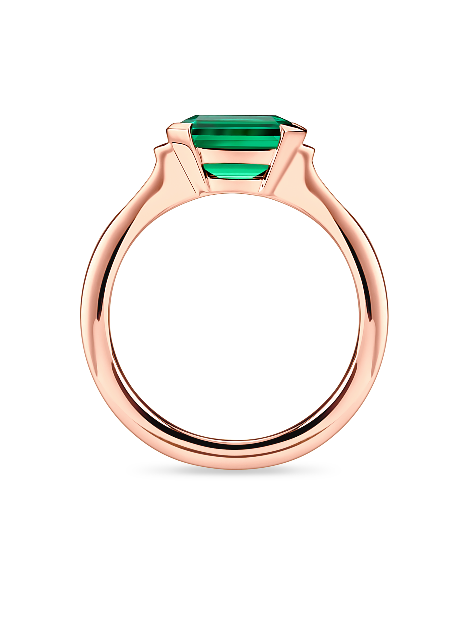 Side view of lab created emerald ring with east west setting and rose gold band