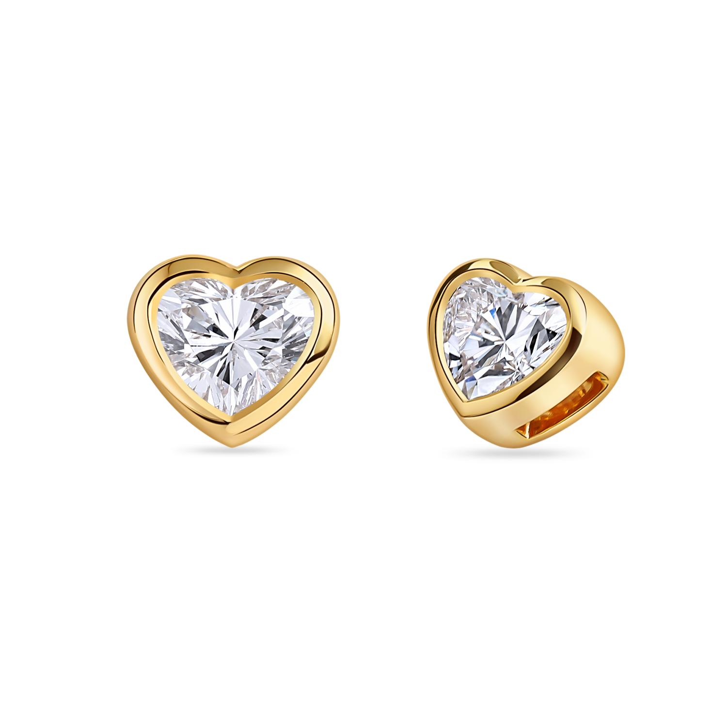 Heart-shaped diamond earrings in yellow gold. Made in London with lab grown dimaonds