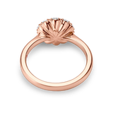 setting view of rose gold vintage inspired daisy engagement ring. Made with lab grown diamonds by independent jewellers in london uk