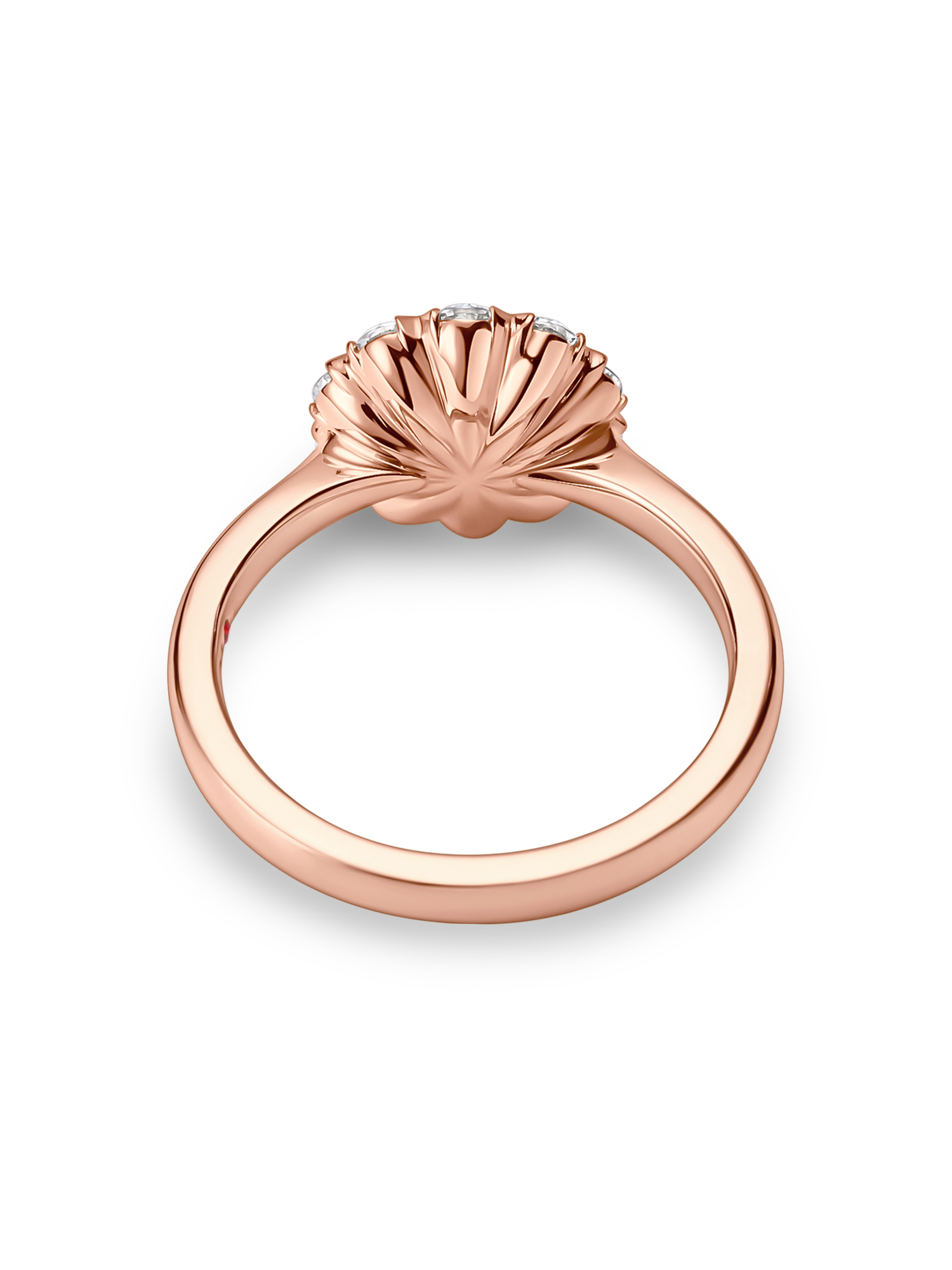 setting view of rose gold vintage inspired daisy engagement ring. Made with lab grown diamonds by independent jewellers in london uk