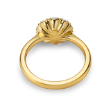 setting view of yellow gold vintage inspired daisy engagement ring. Made with lab grown diamonds by independent jewellers in london uk