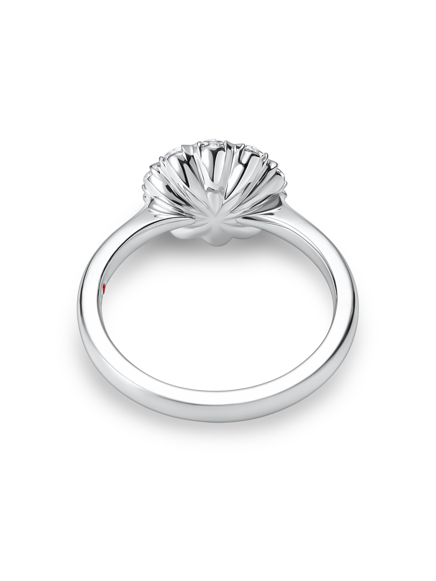 setting view of platinum vintage inspired daisy engagement ring. Made with lab grown diamonds by independent jewellers in london uk