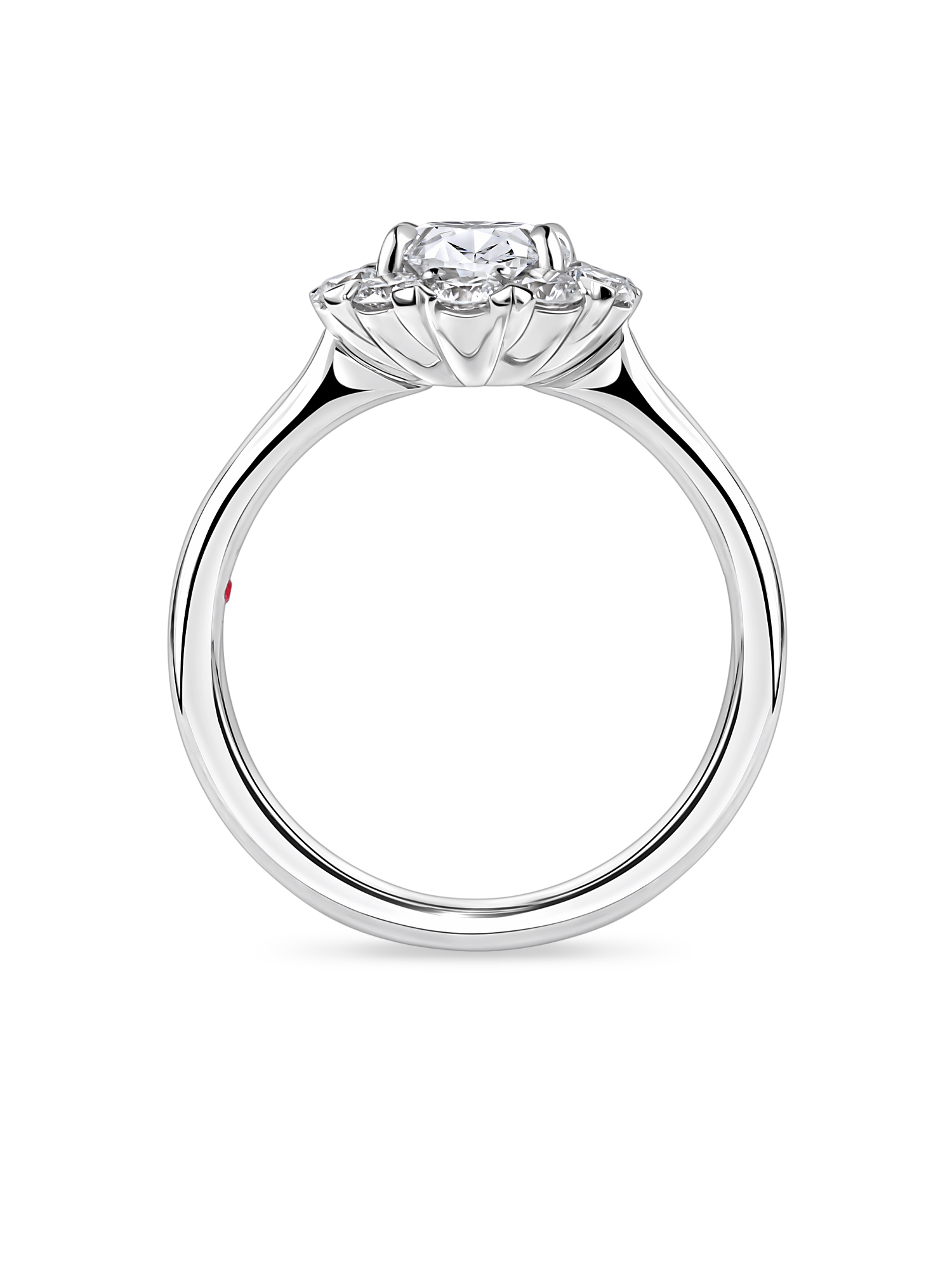 side view of platinum vintage inspired daisy engagement ring. Made with lab grown diamonds by independent jewellers in london uk