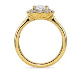 Side view of yellow gold vintage inspired daisy engagement ring. Made with lab grown diamonds by independent jewellers in london uk