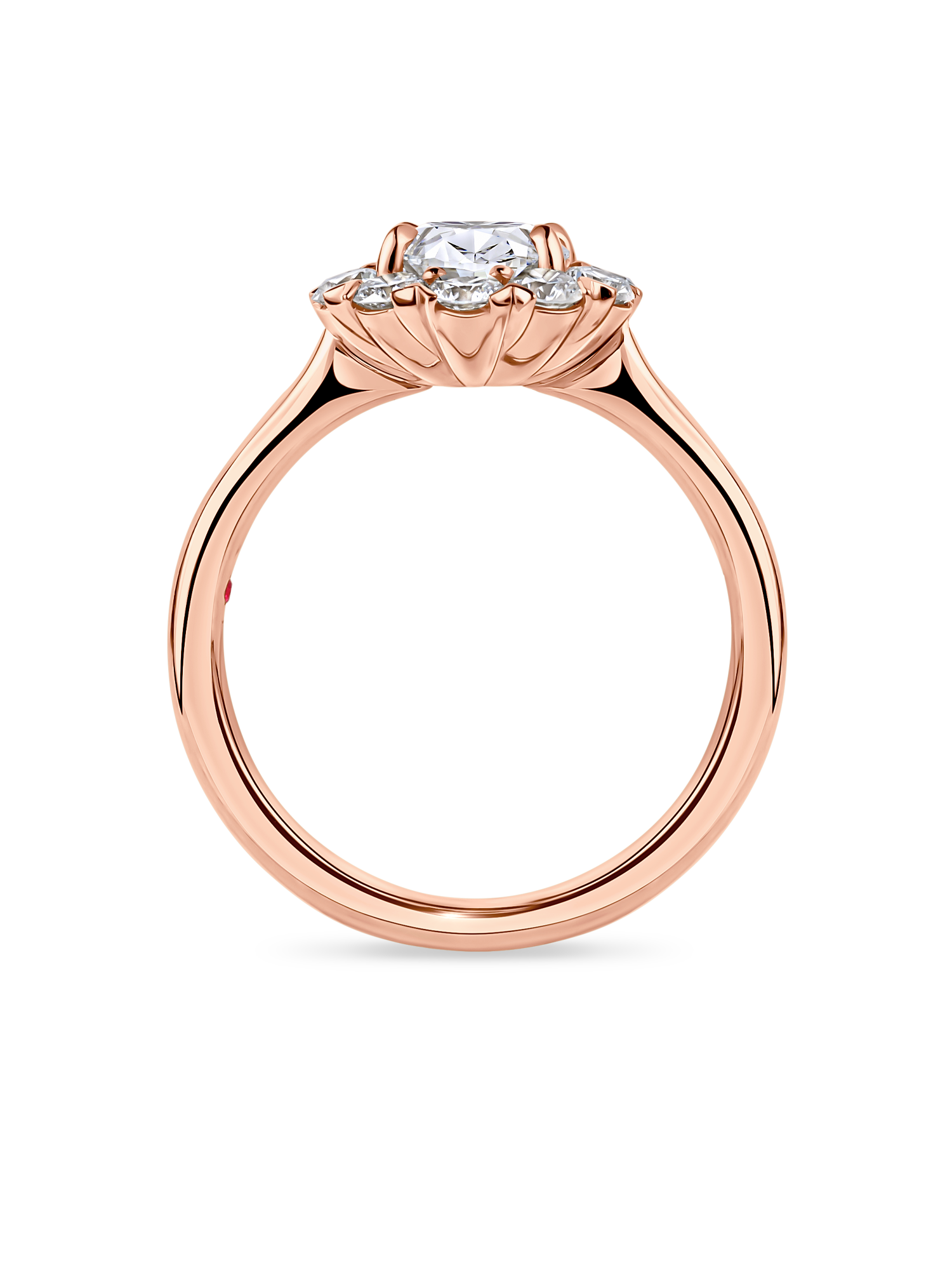 side view of rose gold vintage inspired daisy engagement ring. Made with lab grown diamonds by independent jewellers in london uk