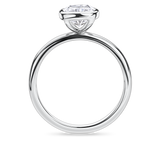 side view of platinum bezel set elongated cushion cut engagement ring. Handmade in london with recycled precious metals and lab grown diamonds. 