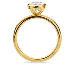 side view of yellow gold bezel set elongated cushion cut engagement ring. Handmade in london with recycled precious metals and lab grown diamonds. 