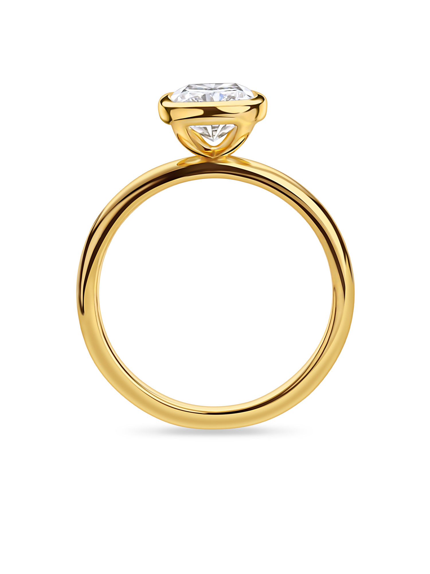 side view of yellow gold bezel set elongated cushion cut engagement ring. Handmade in london with recycled precious metals and lab grown diamonds. 