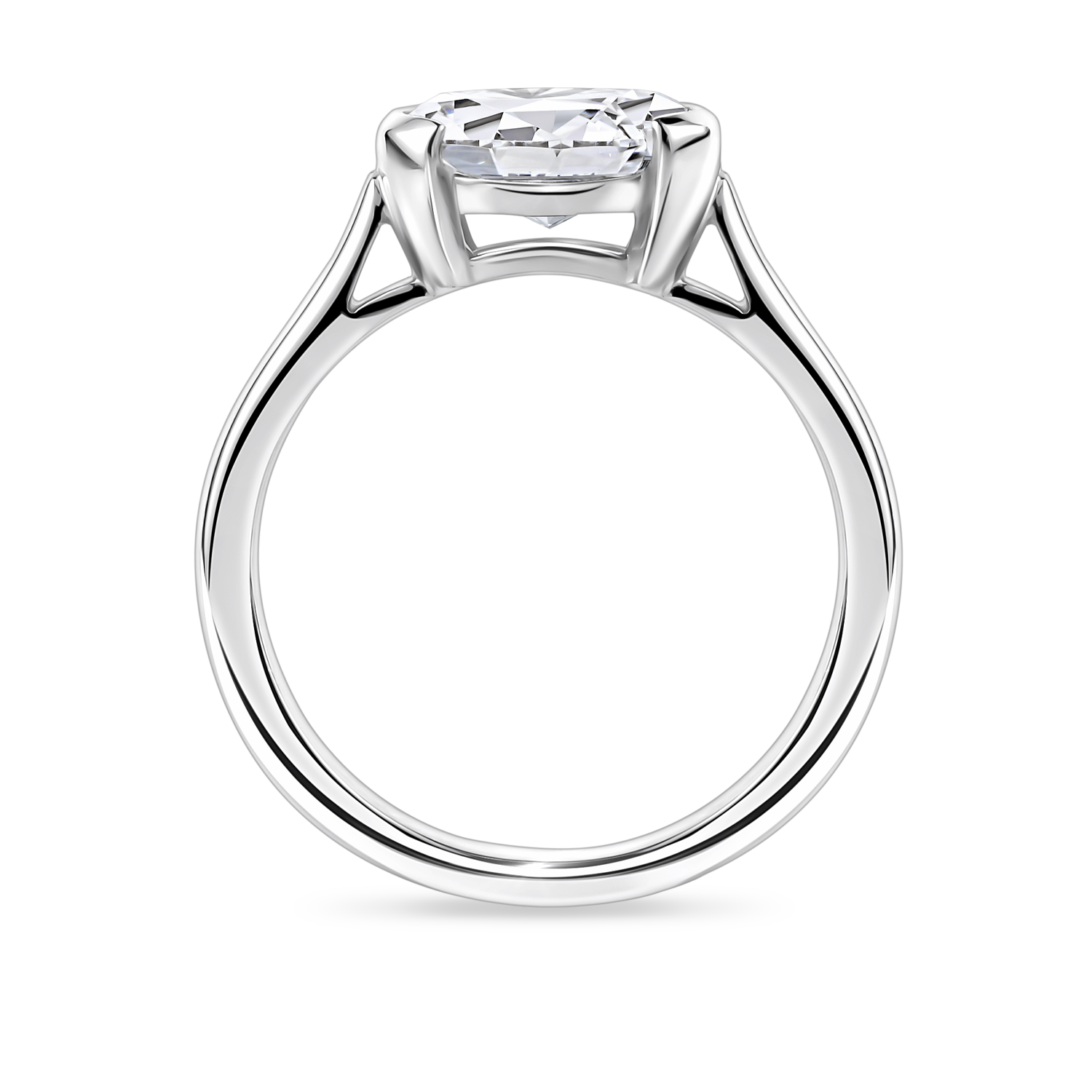 no background of the side view of east west oval, lab grown diamond and platinum hand finished in London, uk