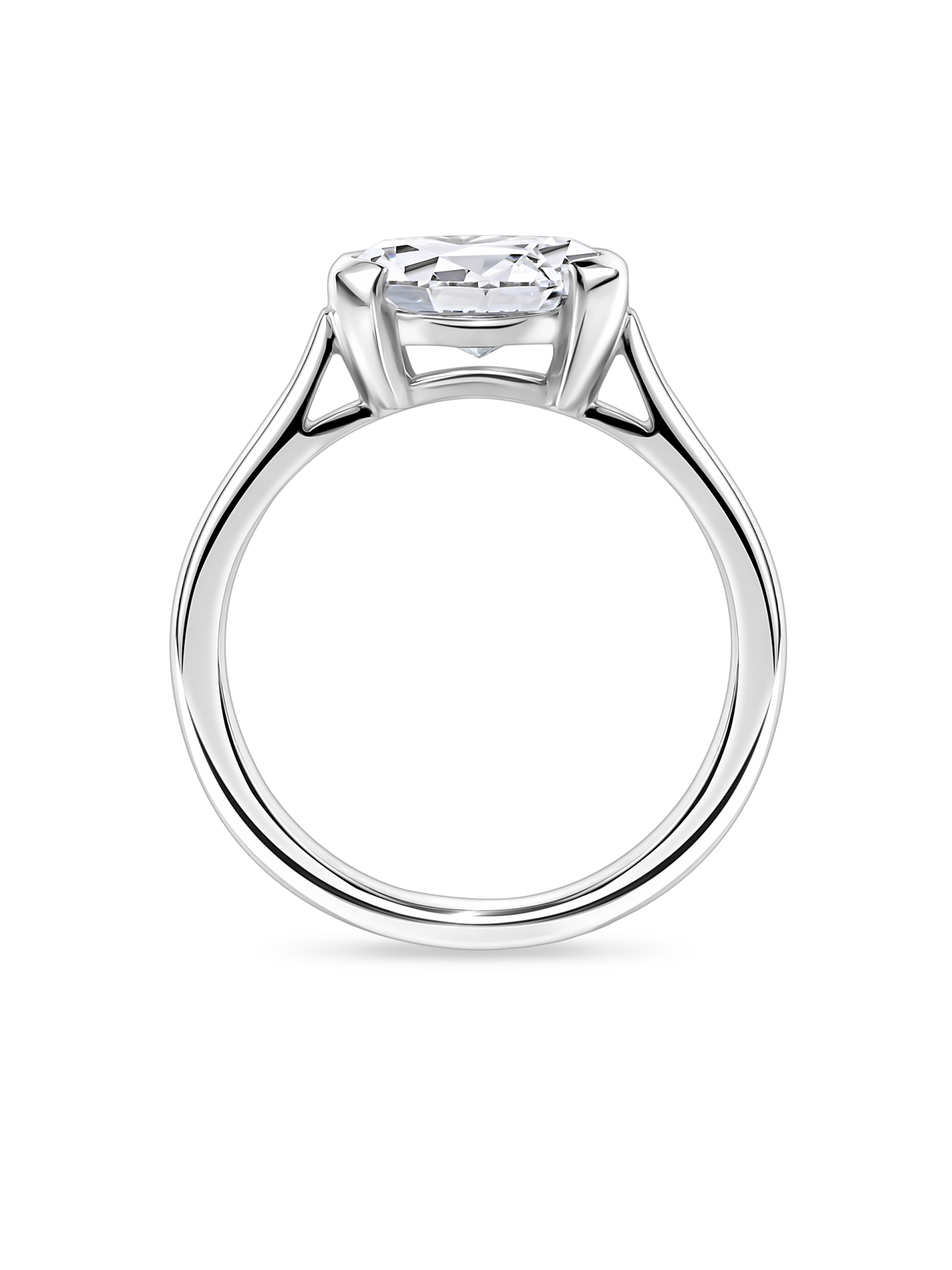 no background of the side view of east west oval, lab grown diamond and platinum hand finished in London, uk