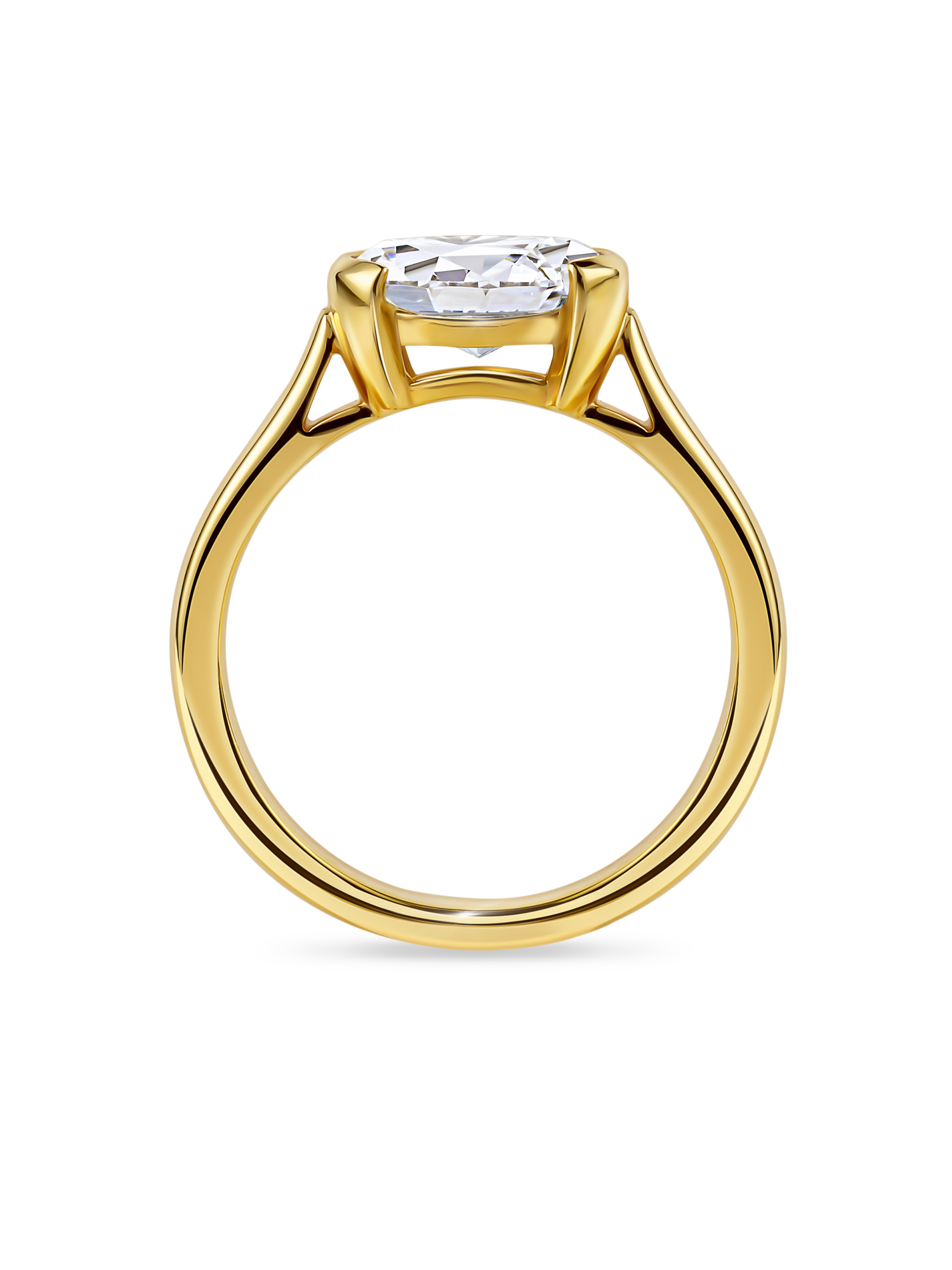 no background of the side view of east west oval, lab grown diamond and yellow gold hand finished in London, uk