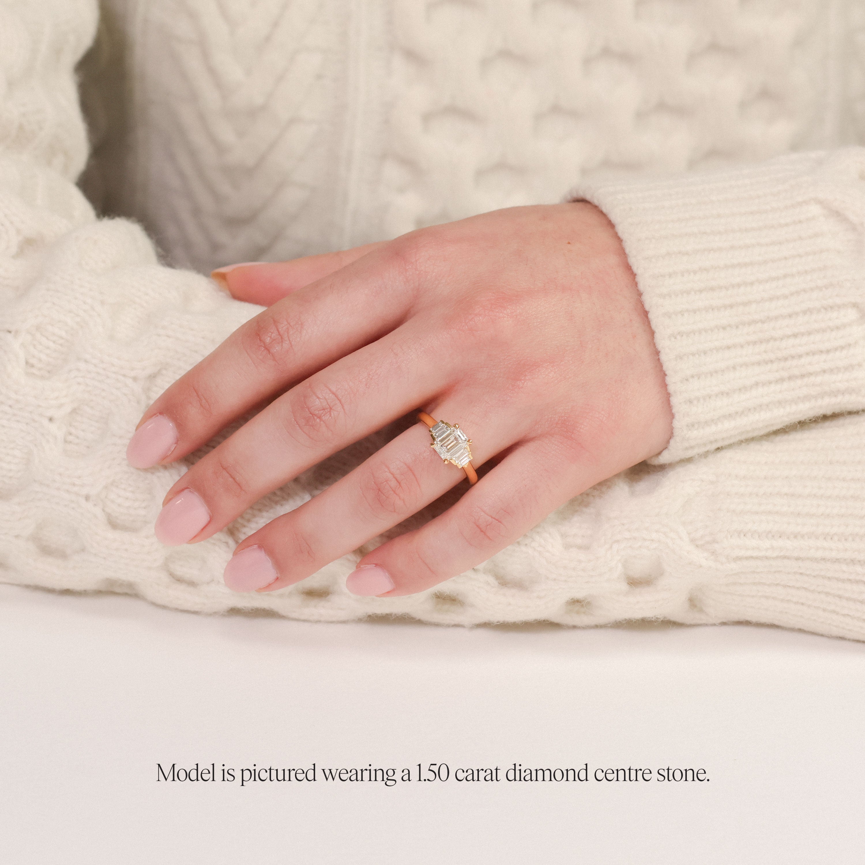 Five Stone Art Deco Emerald Cut Engagement Ring in yellow gold. Lab grown emerald cut diamond. on model 1.5 carat