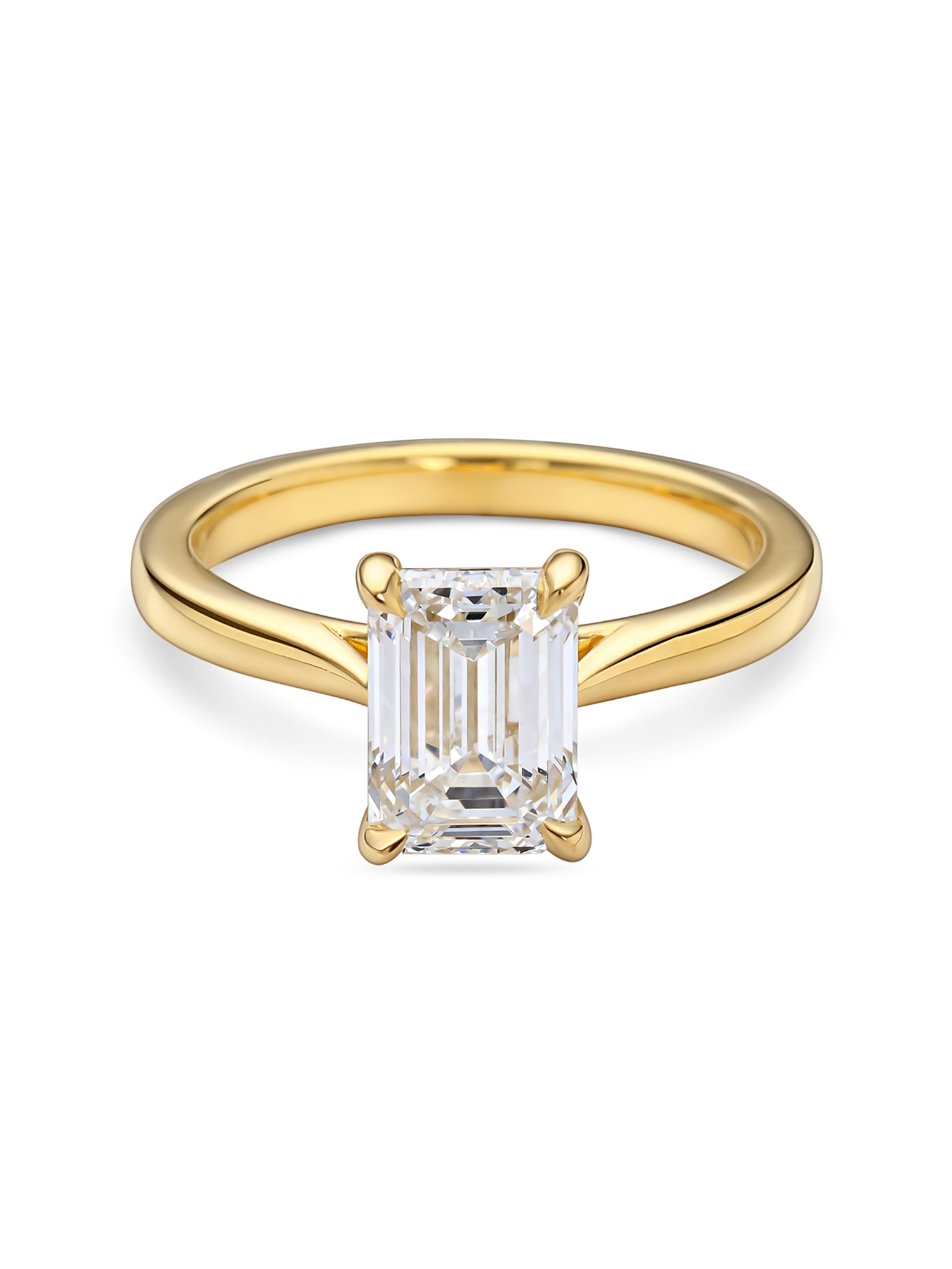 front view of yellow gold lab grown emerald cut solitaire engagement ring with cathedral setting. 2 carat