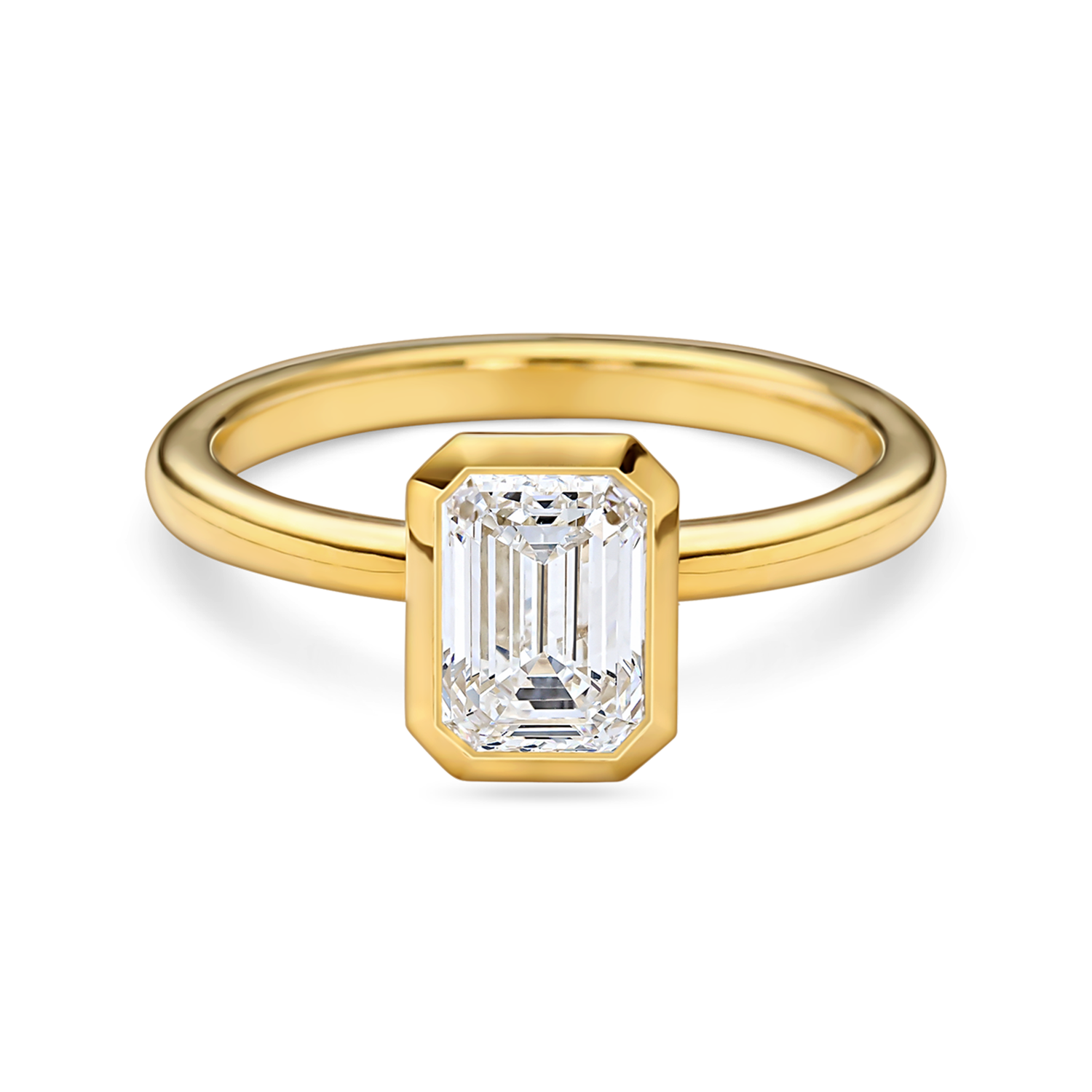 front view of a 1.5 carat bezel set emerald cut solitaire in rubover setting yellow gold