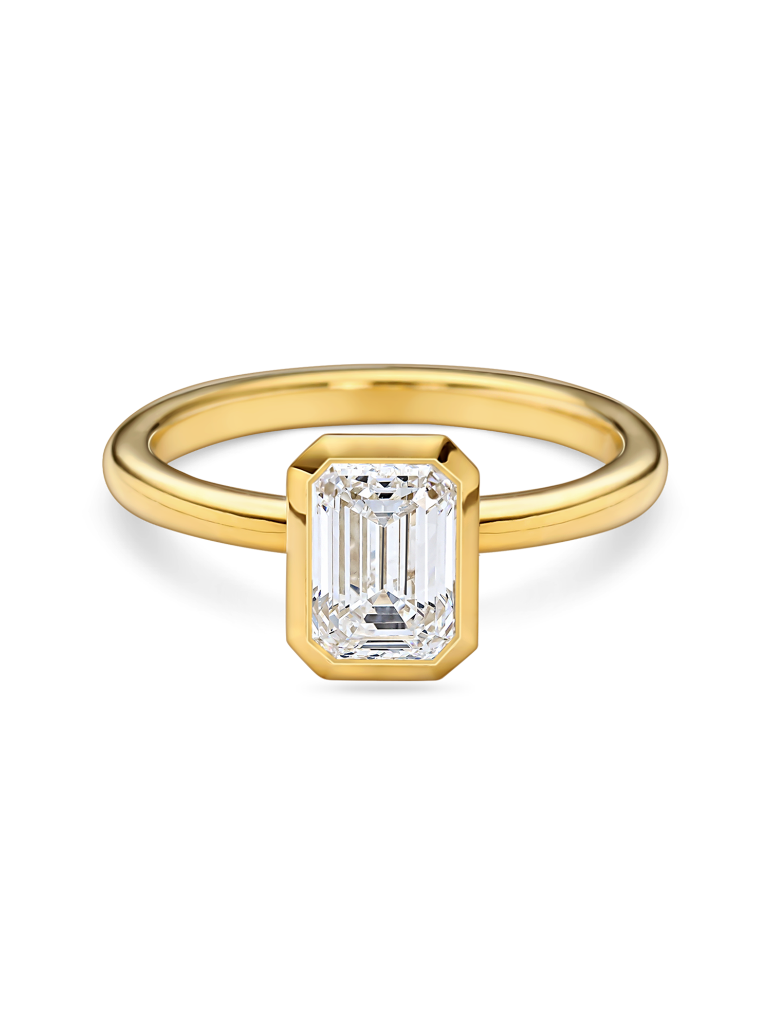 front view of a 1.5 carat bezel set emerald cut solitaire in rubover setting yellow gold