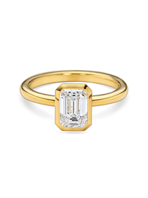front view of a 1.5 carat bezel set emerald cut solitaire in rubover setting yellow gold