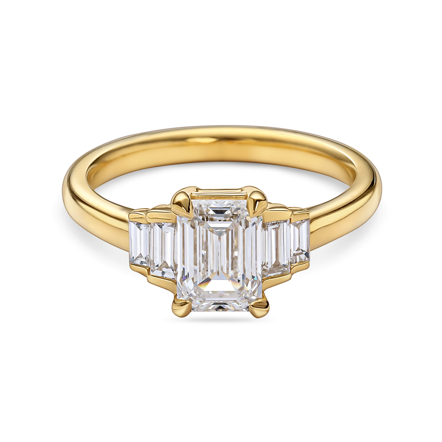 Five Stone Art Deco Emerald Cut Engagement Ring in yellow gold. Lab grown emerald cut diamond. front view