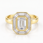 Yellow gold Art Deco engagement ring with an emerald-cut centre diamond and octagonal baguette halo, front-view design render