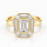 Yellow gold Art Deco engagement ring with an emerald-cut centre diamond and octagonal baguette halo, front-view design render