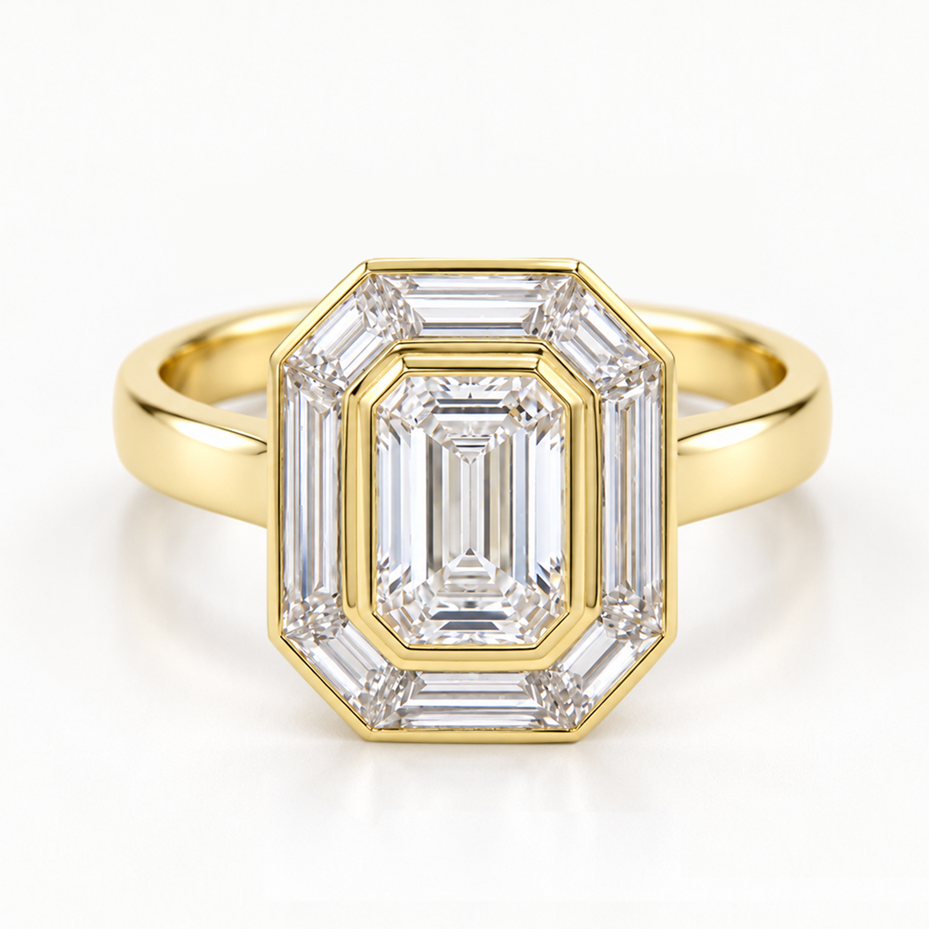 Yellow gold Art Deco engagement ring with an emerald-cut centre diamond and octagonal baguette halo, front-view design render