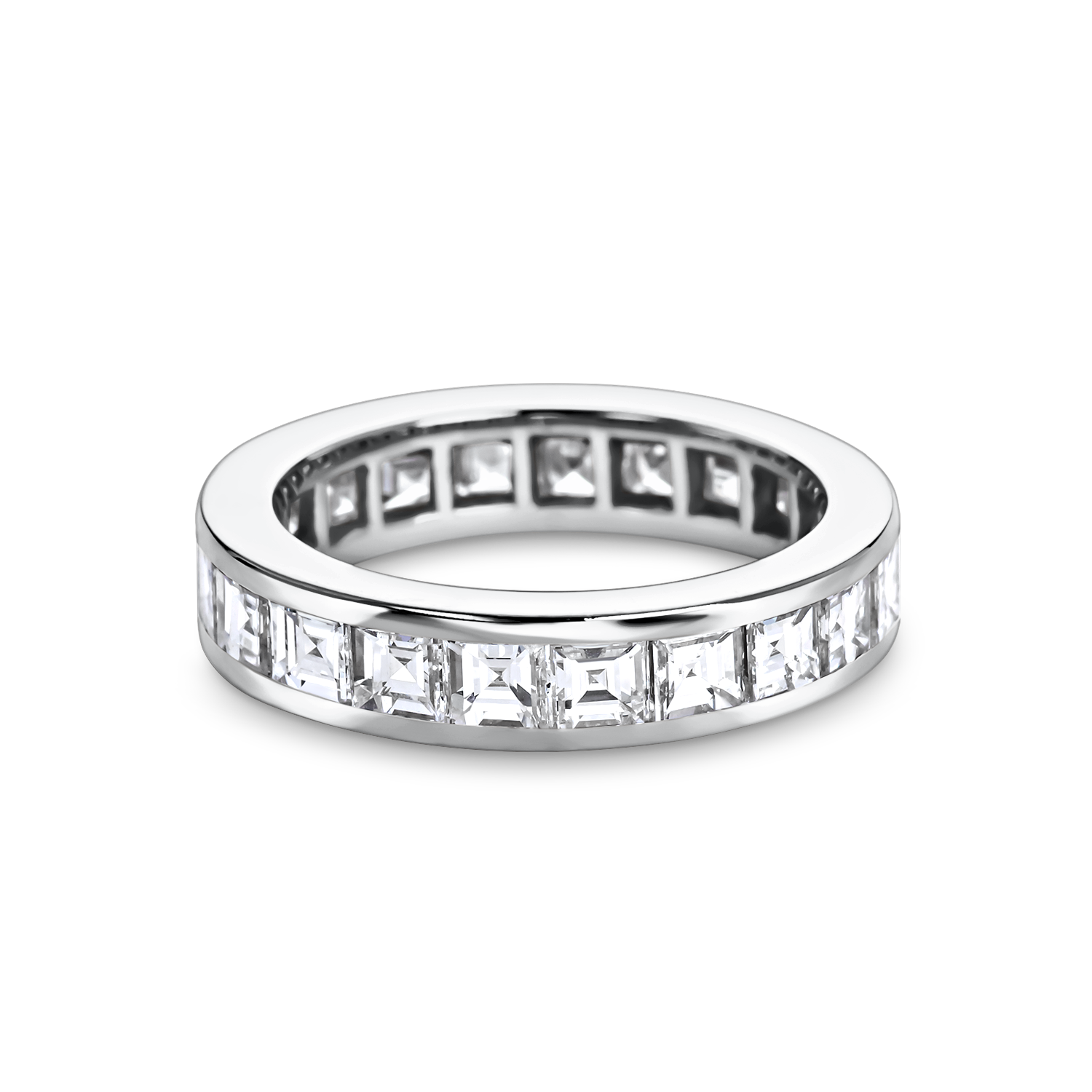 Channel set wedding band with carré cut diamonds in platinum, handcrafted in London