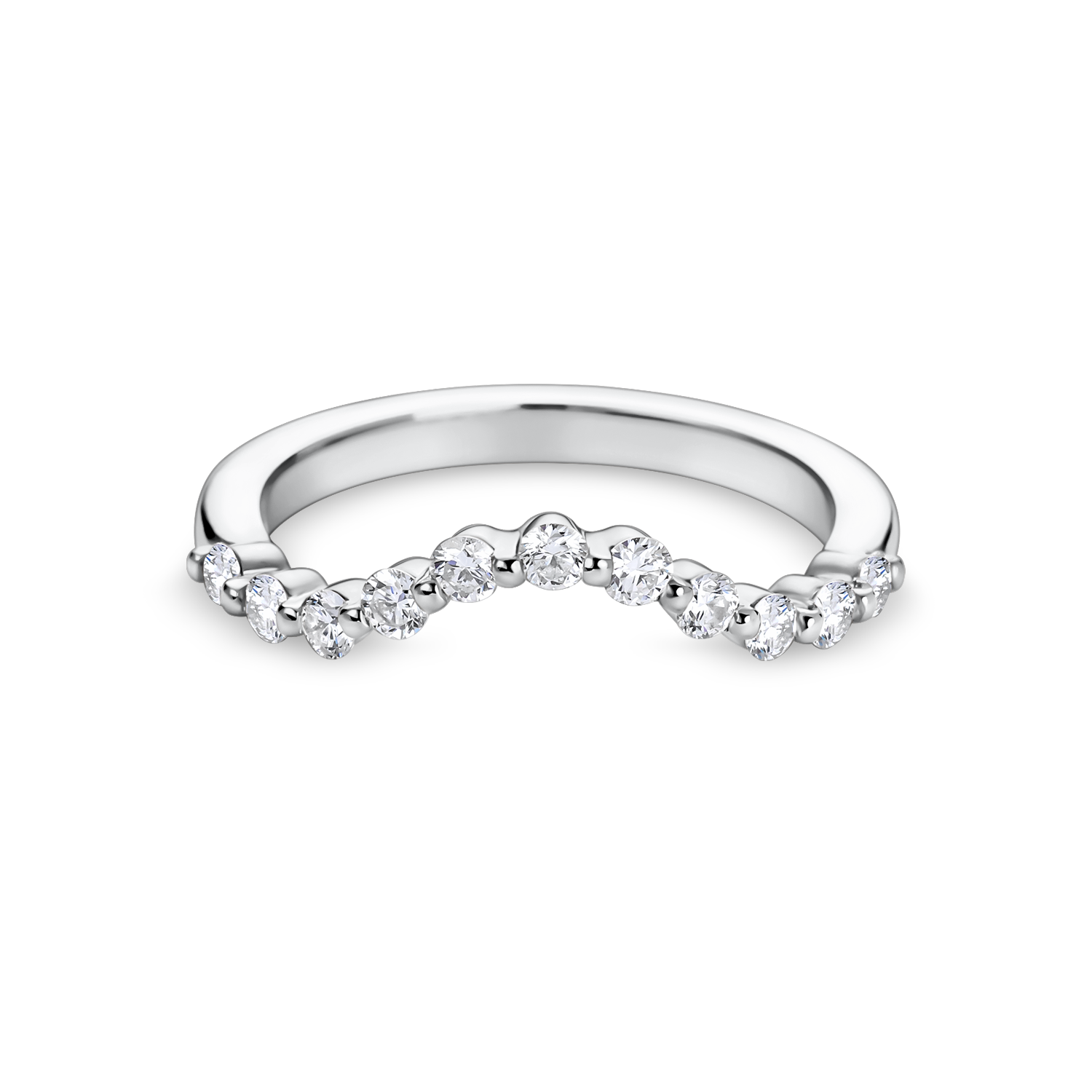 shaped wedding band with round lab grown diamonds finished in platinum