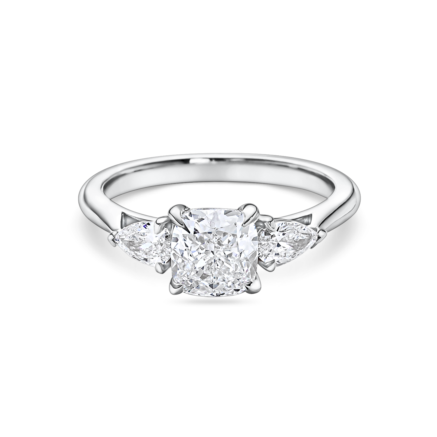 front view of Three stone engagement ring with cushion centre lab grown diamond and pear side stones in recycled platinum
