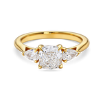 front view of Three stone engagement ring with cushion centre lab grown diamond and pear side stones in recycled yellow gold