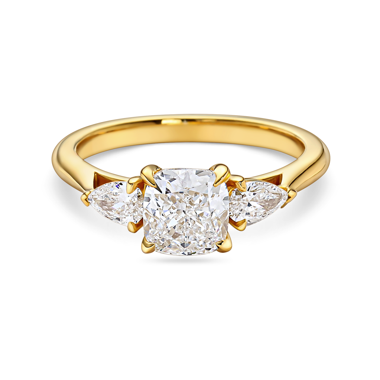 front view of Three stone engagement ring with cushion centre lab grown diamond and pear side stones in recycled yellow gold