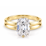 Elongated antique cushion old mine cut engagement ring in yellow gold, double band and compass claws, front-view design render
