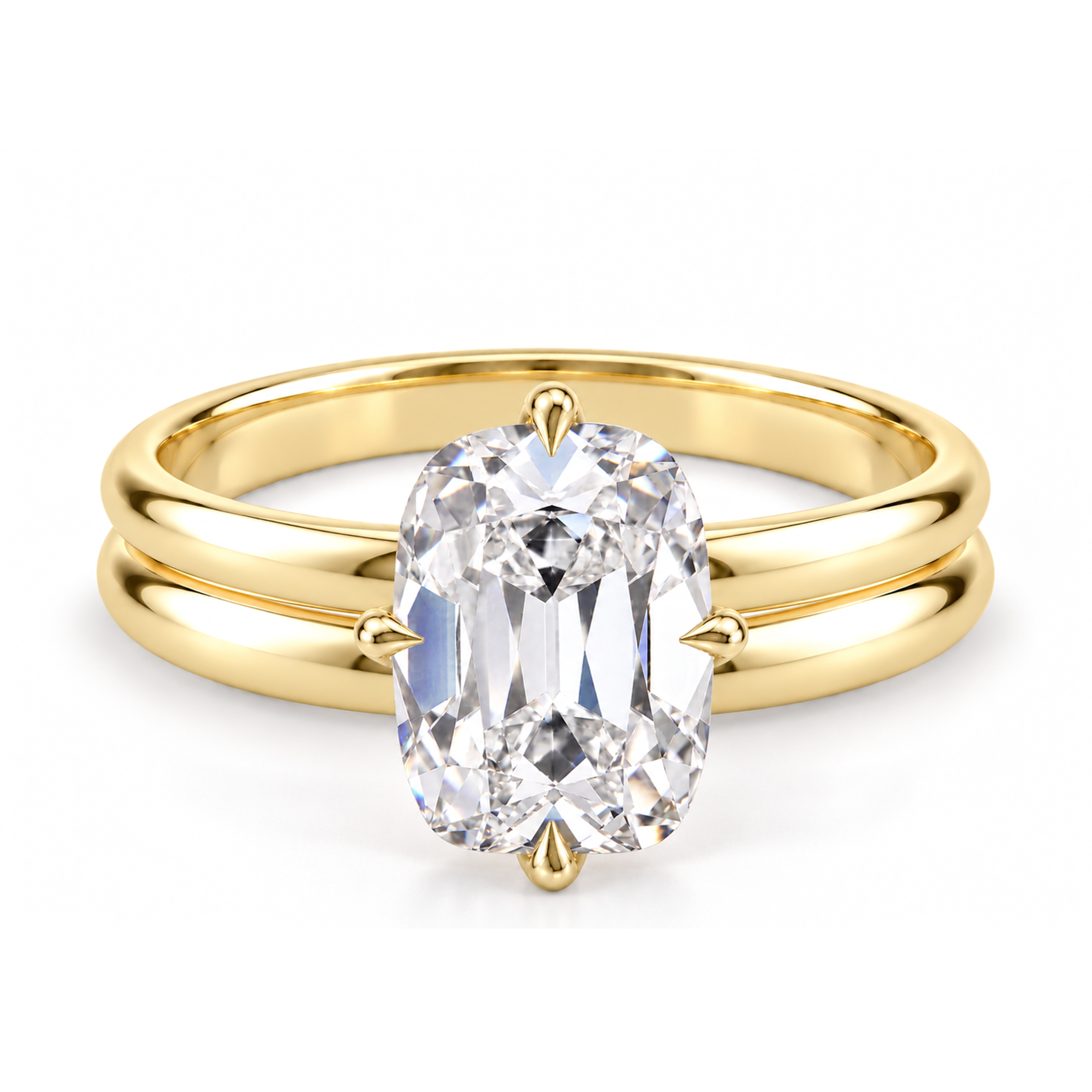Elongated antique cushion old mine cut engagement ring in yellow gold, double band and compass claws, front-view design render