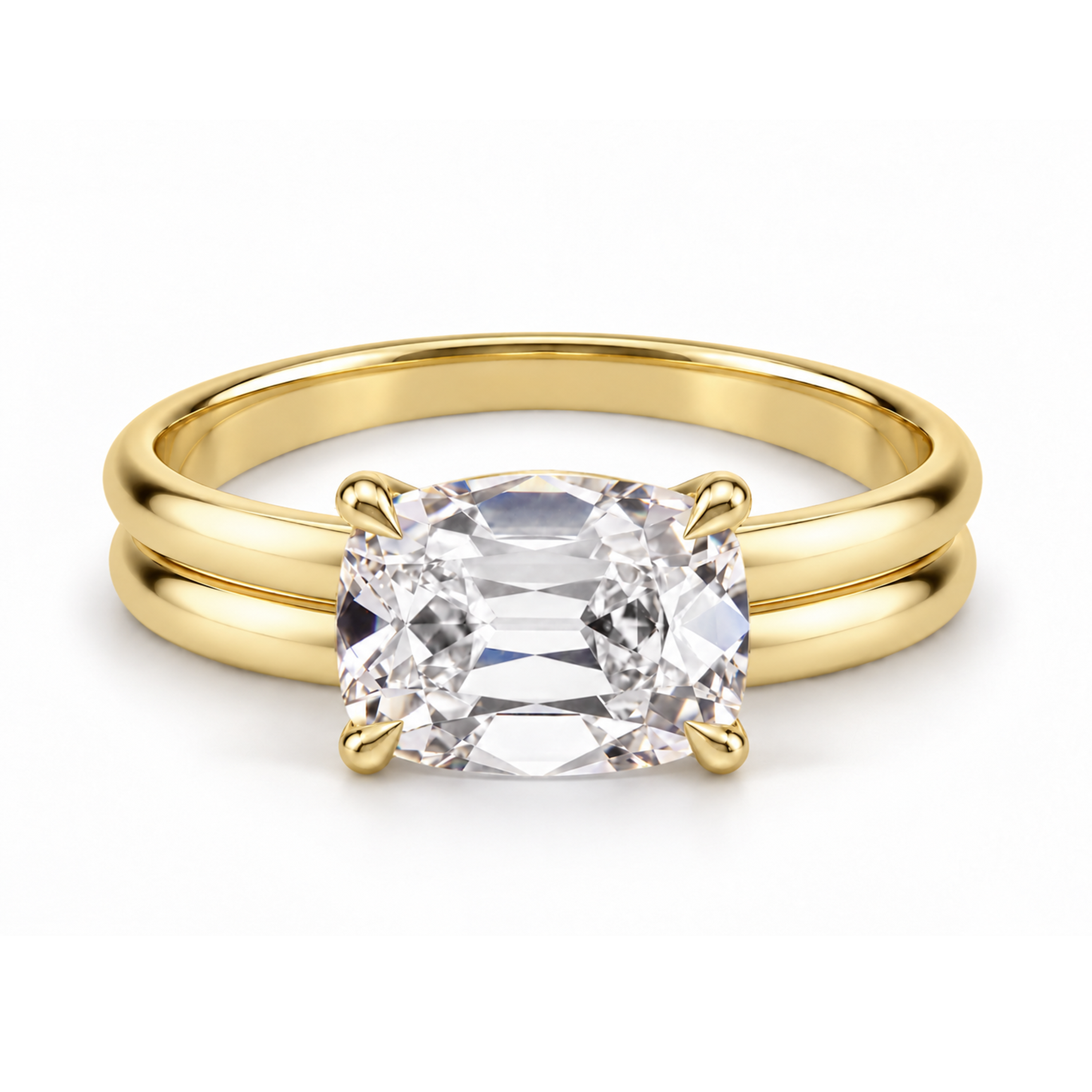 Softly squared antique cushion old mine cut engagement ring in yellow gold, double band and corner claws, front-view design render