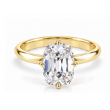 Elongated antique cushion old mine cut engagement ring in yellow gold, single band and compass claws, front-view design render