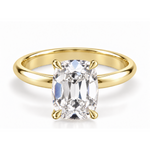 Elongated antique cushion old mine cut engagement ring in yellow gold, single band and corner claws, front-view design render