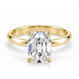 Elongated antique cushion old mine cut engagement ring in yellow gold, single band and corner claws, front-view design render
