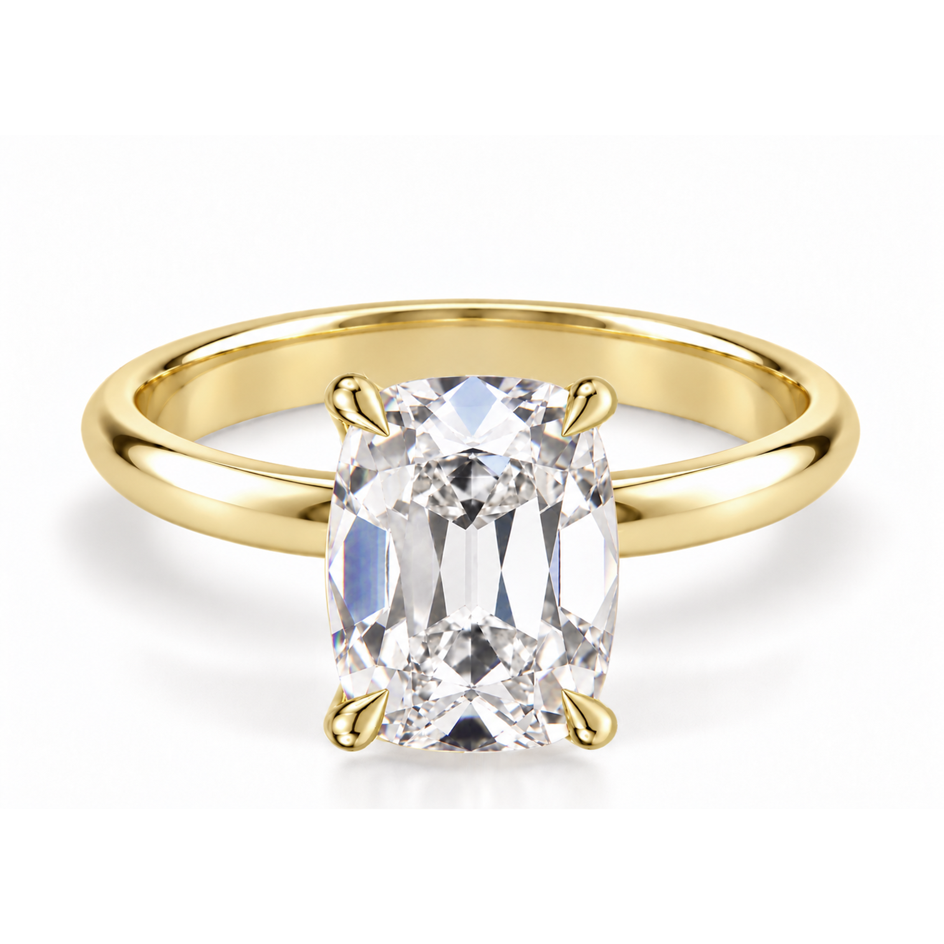 Elongated antique cushion old mine cut engagement ring in yellow gold, single band and corner claws, front-view design render