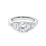 front view of platinum art deco engagement ring. Five stone ring with round lab grown diamonds and side baguettes