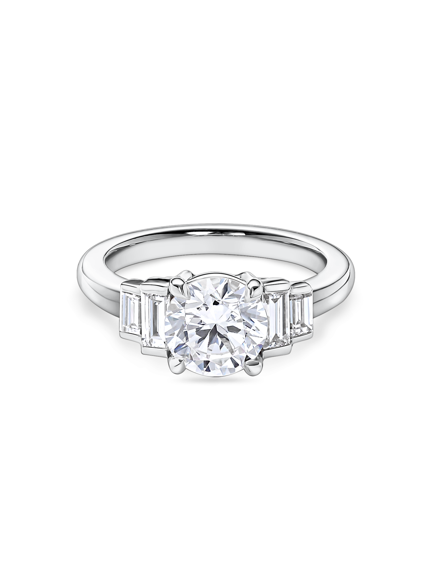 front view of platinum art deco engagement ring. Five stone ring with round lab grown diamonds and side baguettes