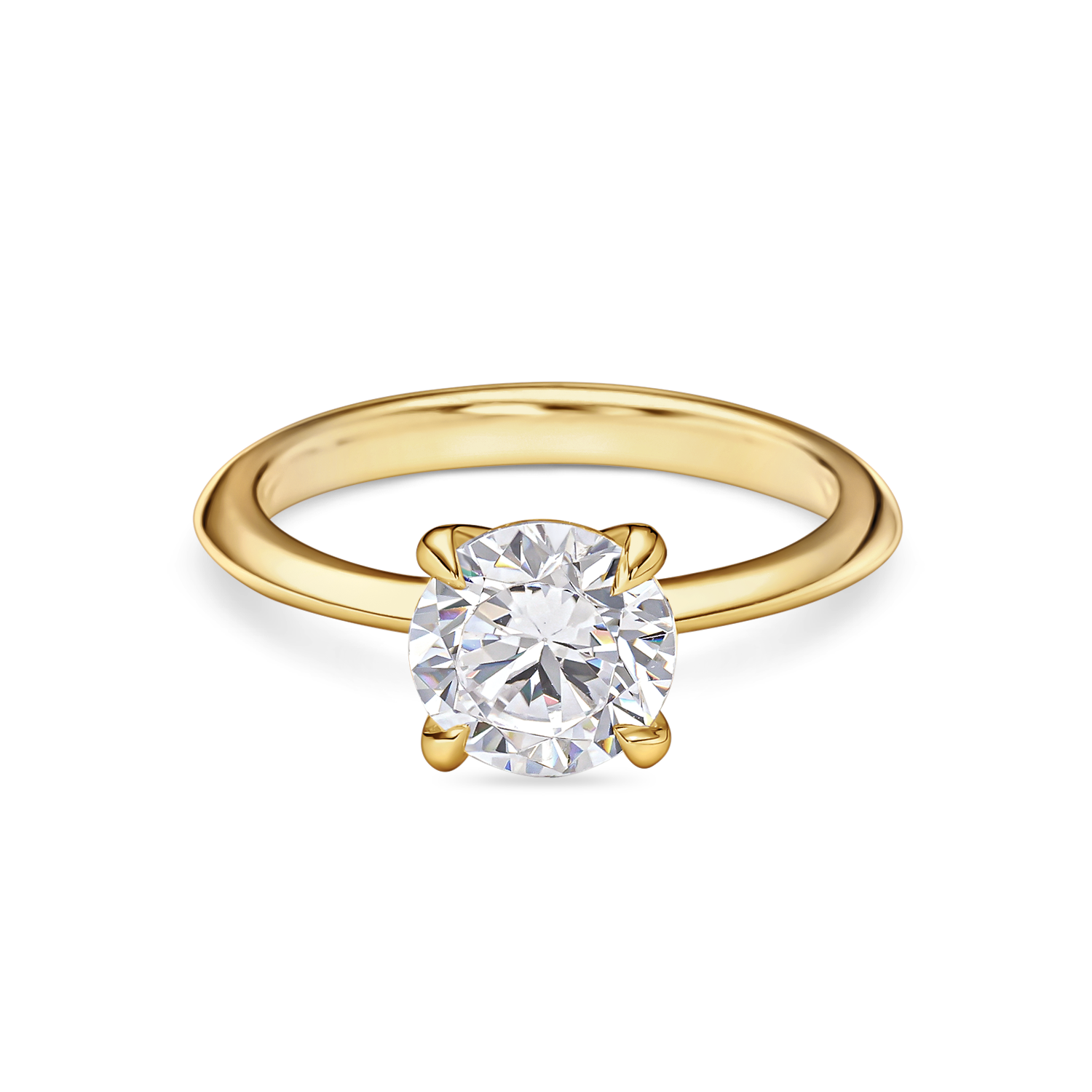 front view 2 carat yellow gold round solitaire engagement ring featuring lab grown diamond and knife edge band