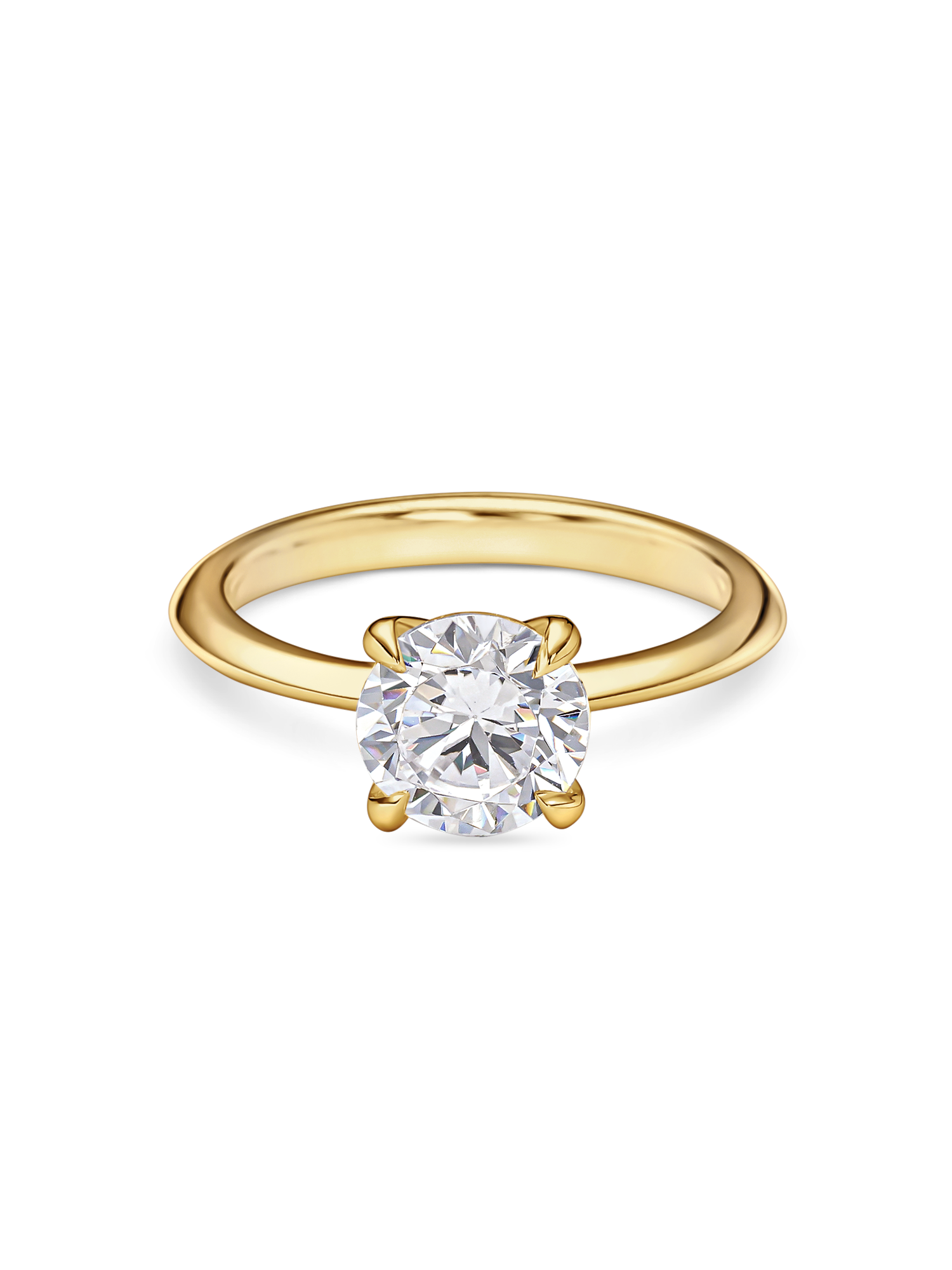 front view 2 carat yellow gold round solitaire engagement ring featuring lab grown diamond and knife edge band