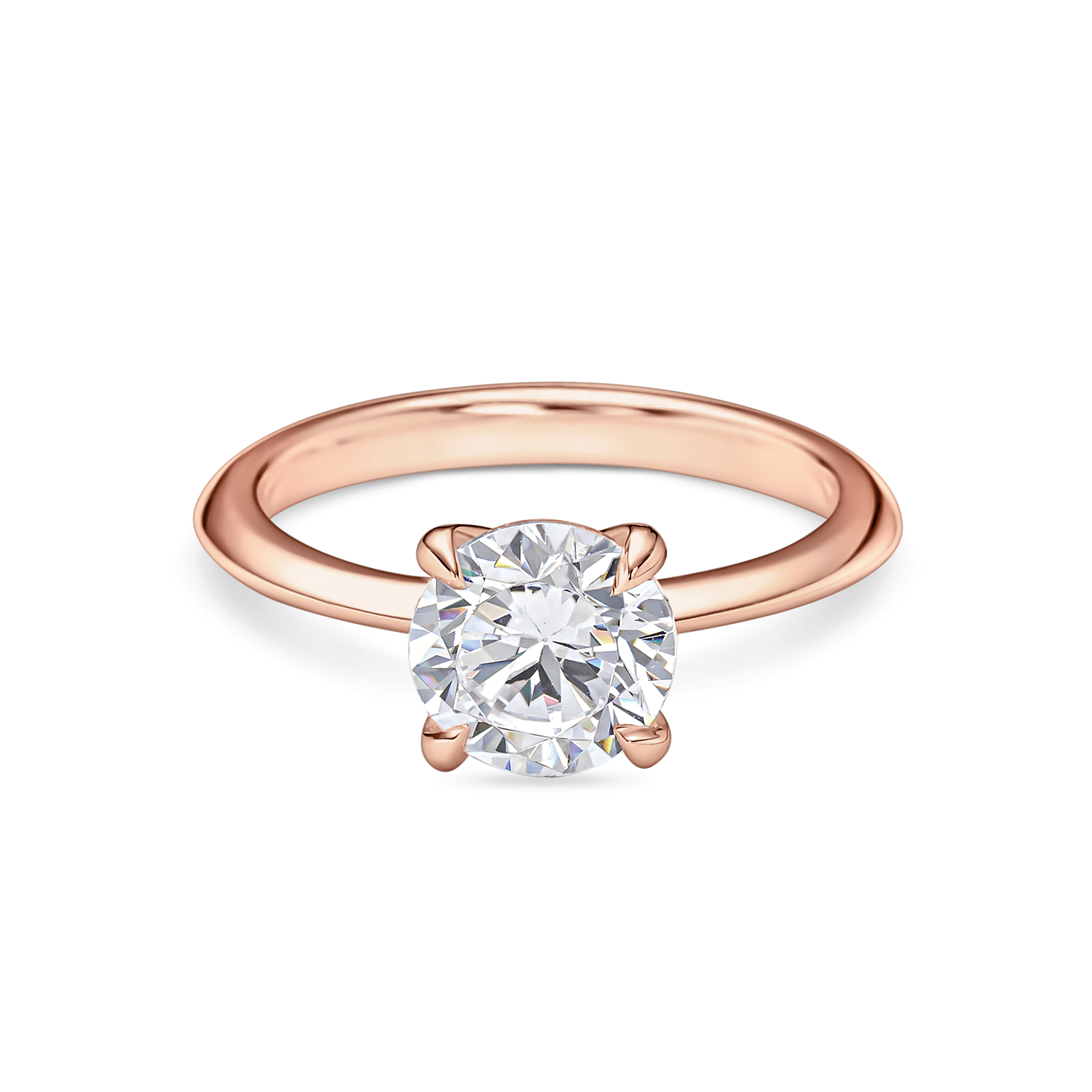 front view 2 carat rose gold round solitaire engagement ring featuring lab grown diamond and knife edge band
