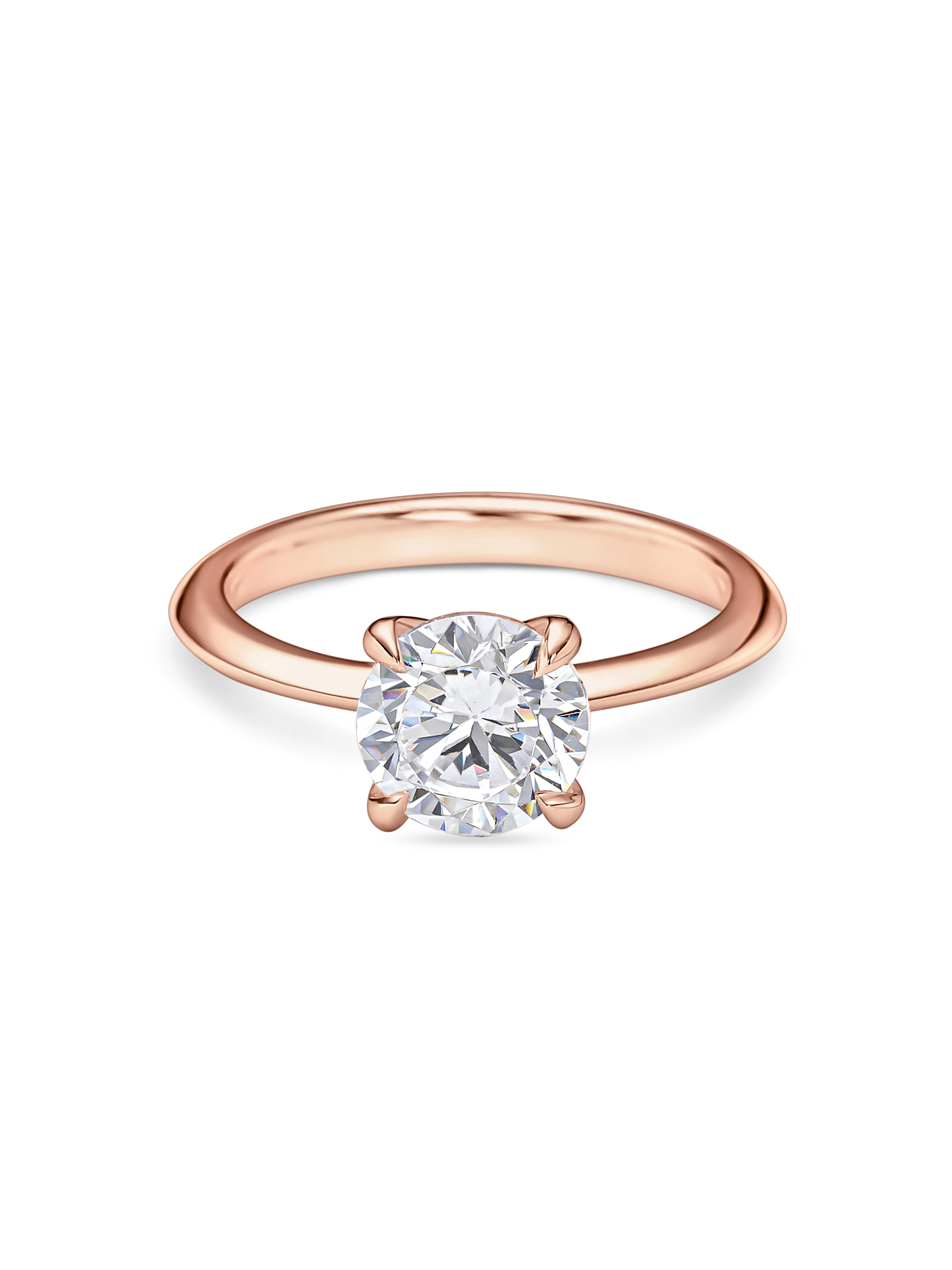 front view 2 carat rose gold round solitaire engagement ring featuring lab grown diamond and knife edge band