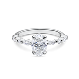 front view of unique yellow gold engagement ring featuring lab grown diamonds and a diamond set band. Made in london, uk